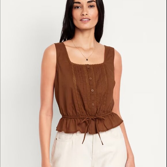 Old Navy Brown Tie Waist Lace Trim Top Size M - Picture 1 of 6